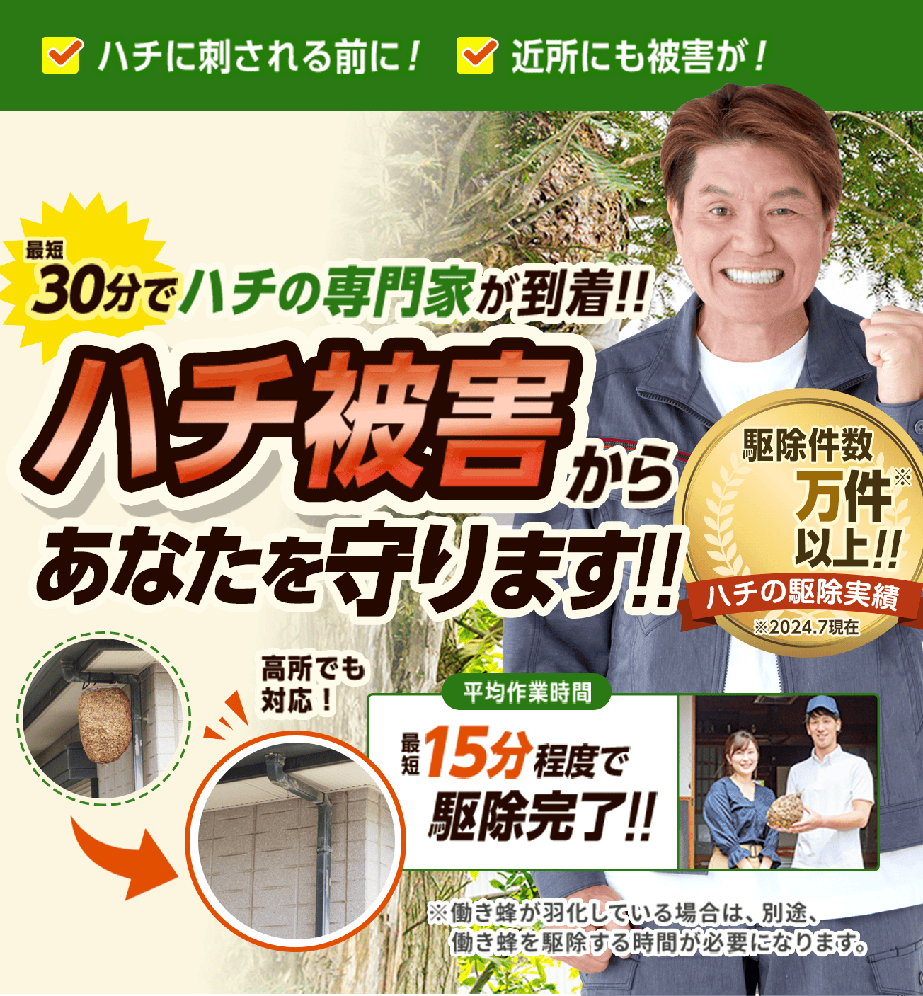 最短30分でハチの専門家が到着。ハチの被害からあなたを守ります。15分程度で駆除完了。