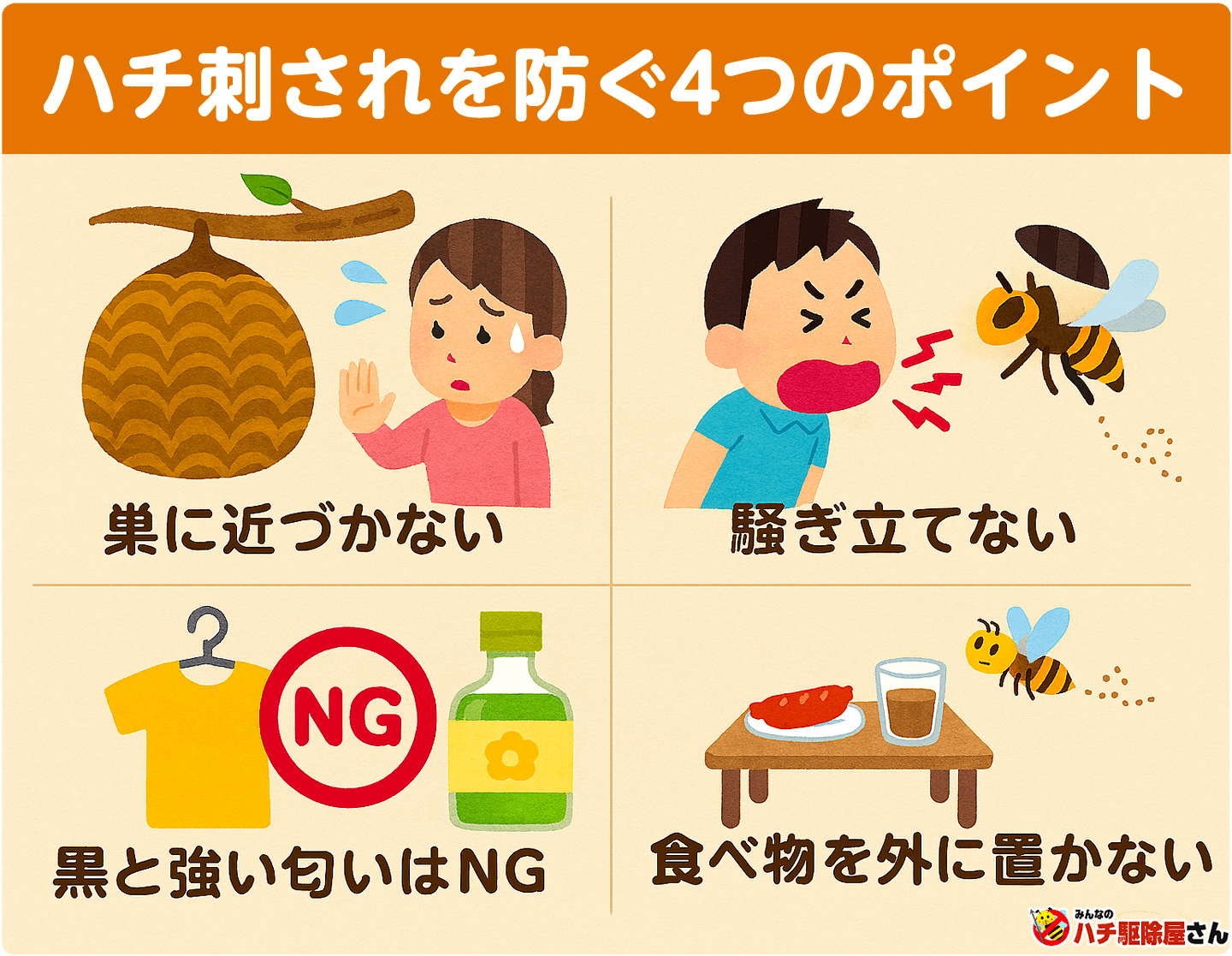 巣に近づかない、黒や強い匂いはNG、騒ぎ立てない、食べ物を外に置かない。