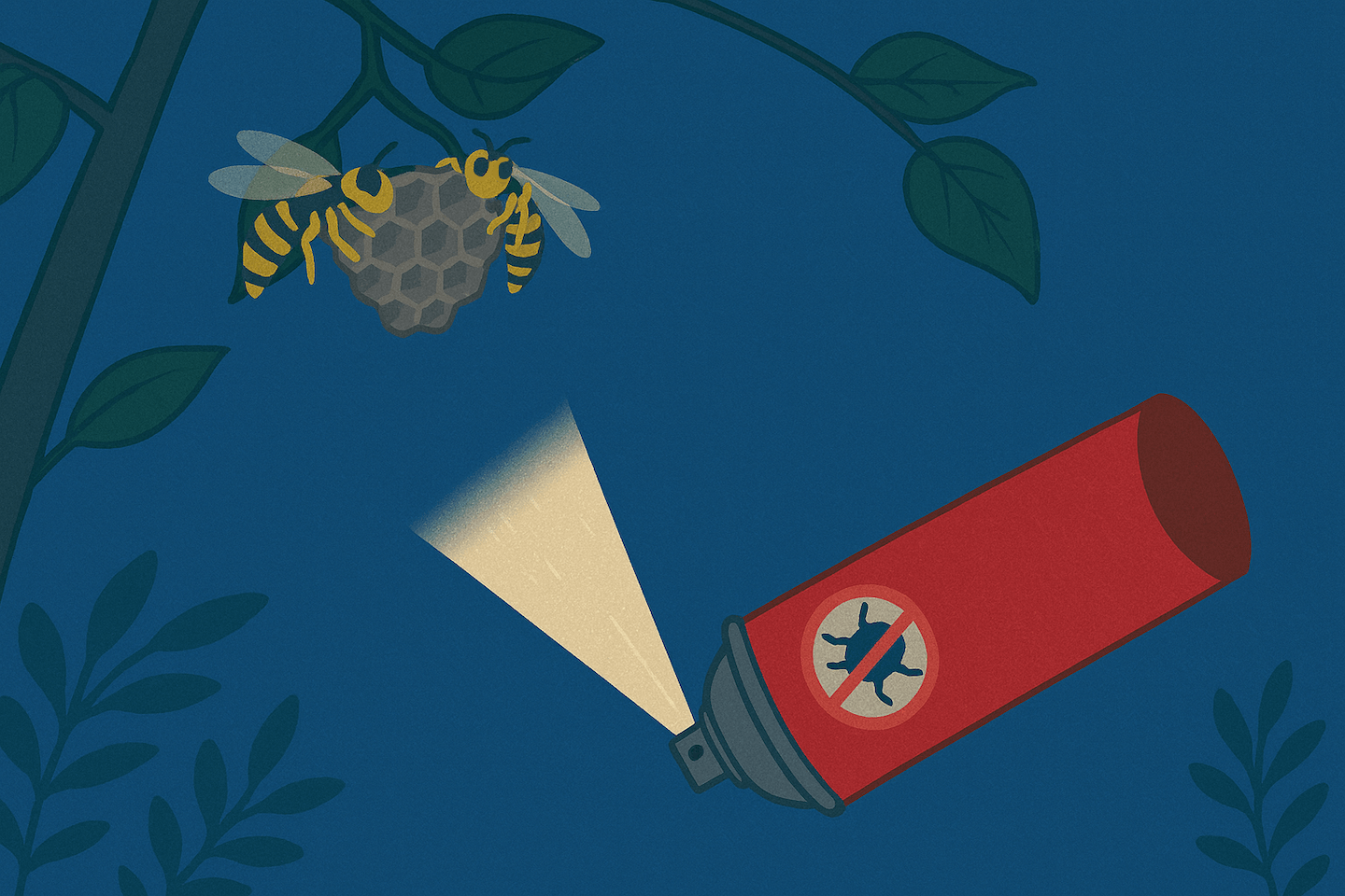 蜂の巣にハチ駆除スプレーを噴射する様子