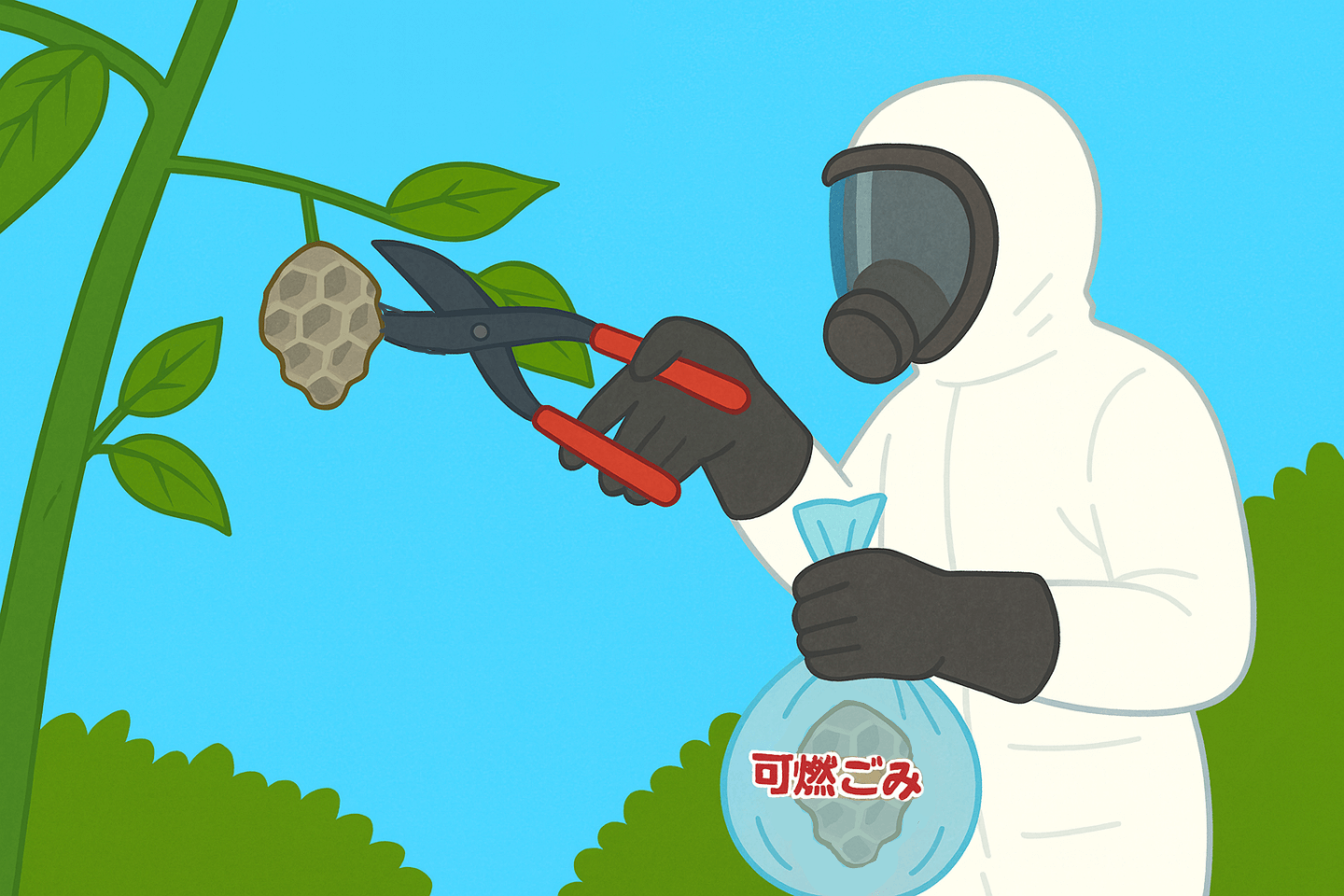 日中、蜂の巣を枝切り鋏で切り落とし、可燃ごみの袋に入れる様子