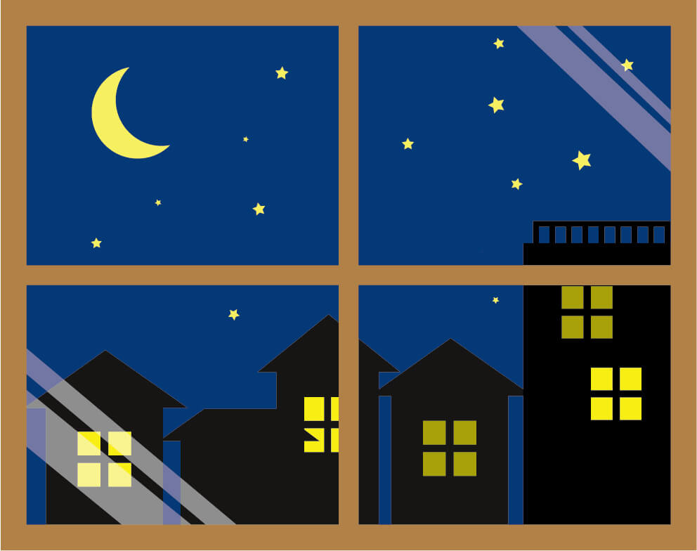 夜の家と窓のイラスト