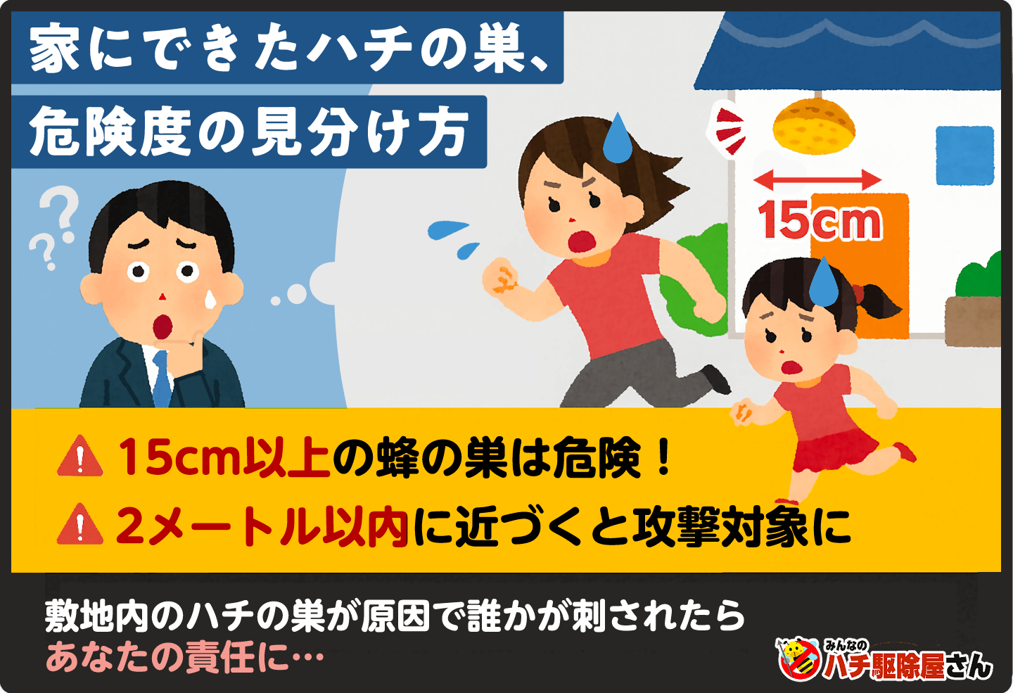 家にできたハチの巣の危険度は？ハチを刺激すると攻撃されます。誰かが刺されたら、あなたの責任になることも