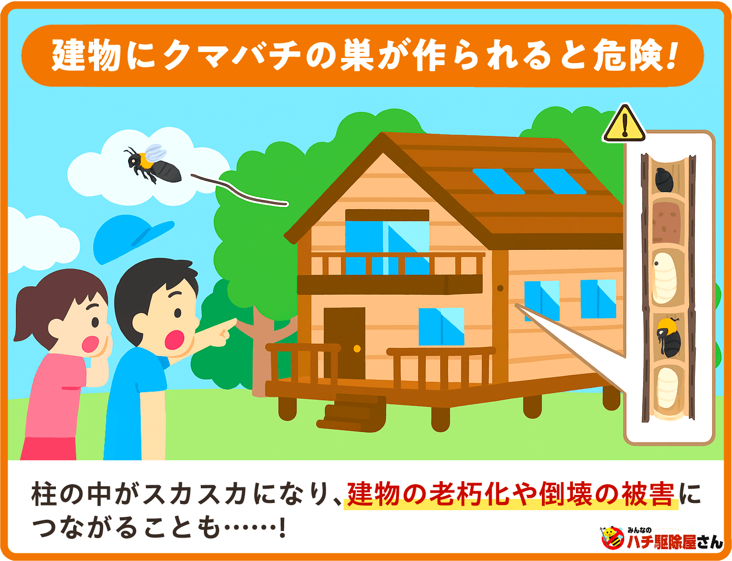 建物にクマバチの巣が作られると危険！