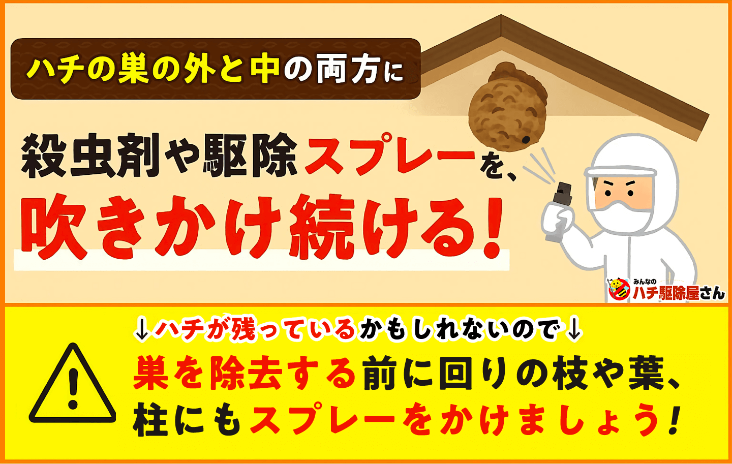 巣の外と中の両方に、ひるまずスプレーし続ける